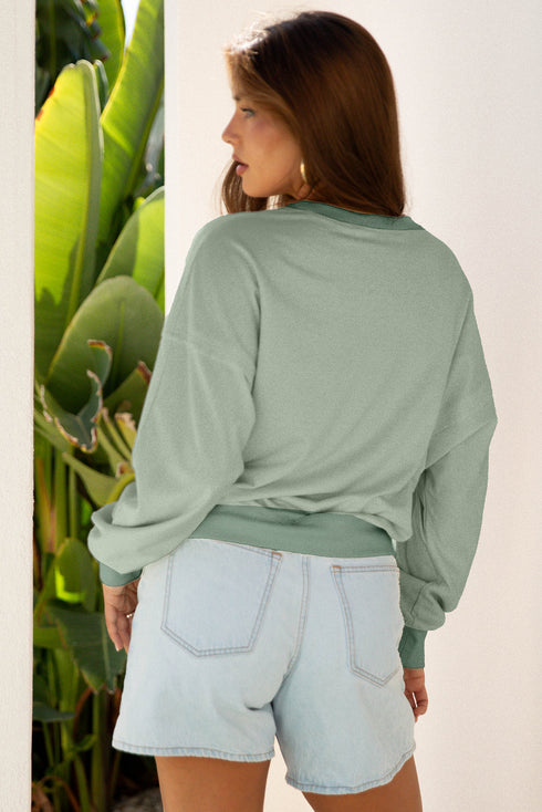 Raw Edge Flower Patch Drop Shoulder Contrast Rib Crewneck Long Sleeve Top